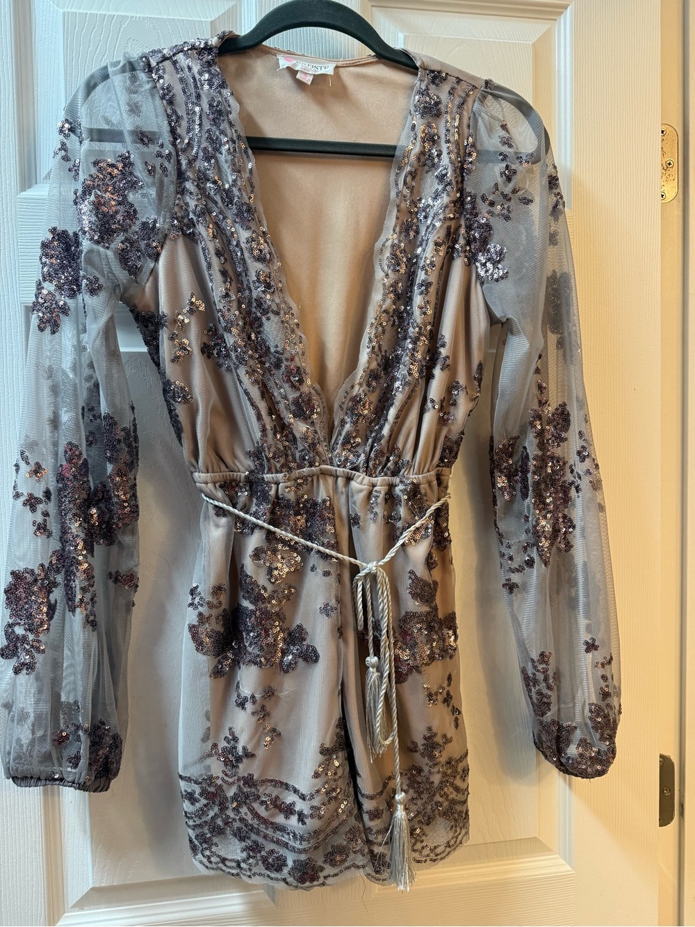 B Darlin Taupe Romper with Mauve Sequin Embroidery